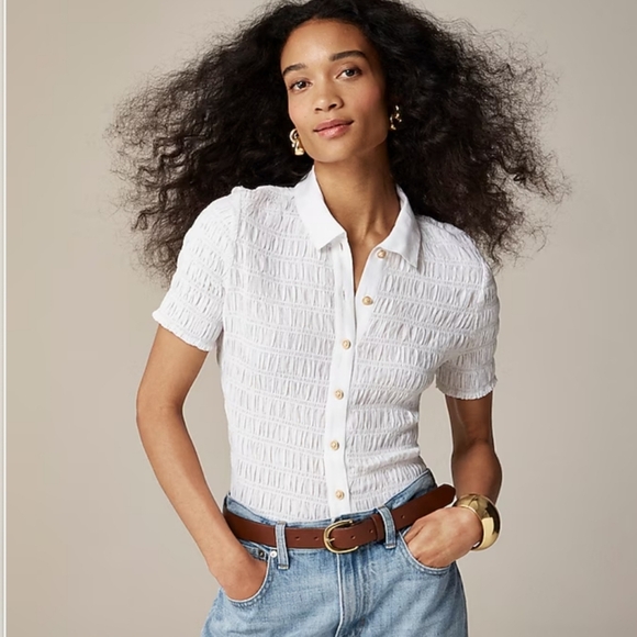 J.Crew White Smocked Cotton Voile Button Up Shirt NWT Size M Short Sleeve - Picture 1 of 9